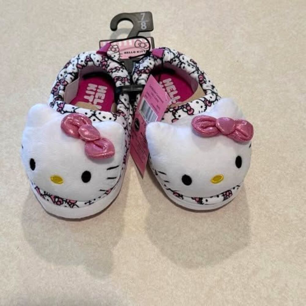 Hello Kitty Girls Plush Slippers Size 7/8 Pink Glitter Bow White Sanrio NWT